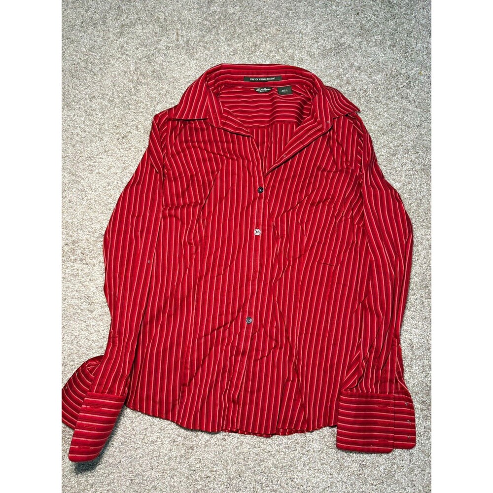 Eddie Bauer Slim Fit Red Striped Cotton Dress Shirt M 32/33 Stretch Non-Iron